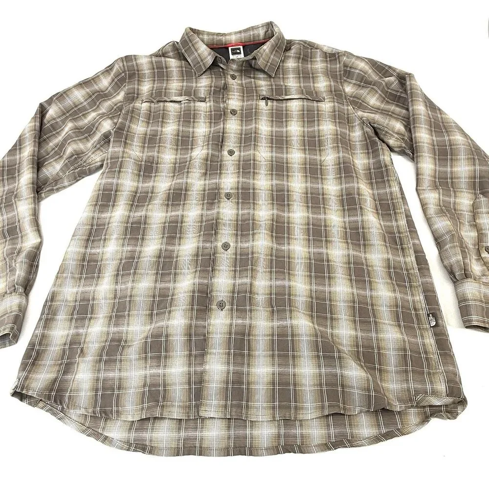 The North Face Shirt Men Large Brown Button Up Hiking Outdoor Plaid Long Sleeve